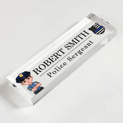 Personalized Acrylic Block Plaque, Cartoon Police Officer Desk Name Plate, Unique Gift for Officer
