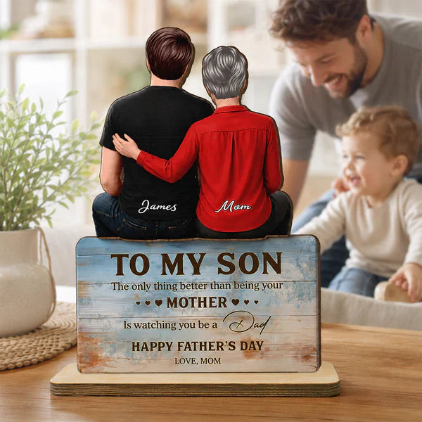 Custom Wooden Plaque for Son, Mom Resting Hand Artwork, Creative Heartfelt Gift from Mother