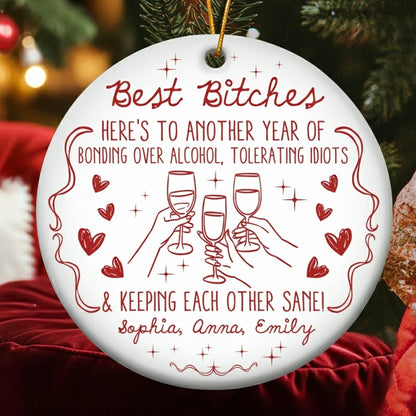 Ceramic Ornament Funny BFF Cheers Line Art in Red, Christmas Tree Decor, clinking glasses, unique gift for Best Friends