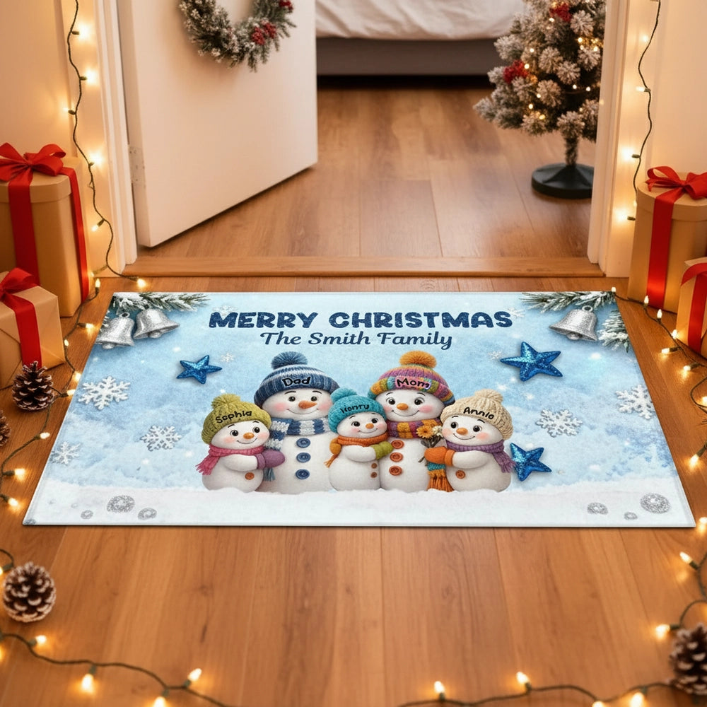 Doormat - Personalized Snowman Family Christmas Welcome, Non-Slip & Easy-Clean, cozy entryway decor, unique gift for families
