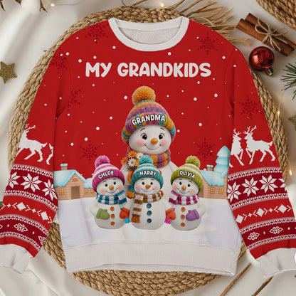 Christmas Sweatshirt for Grandparents, cute snowman family in snowy village, warm and soft, a unique gift for Grandma