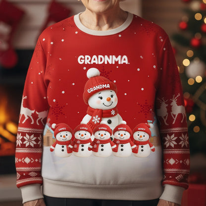 Grandma Snowman Family Sweatshirt, Personalized All-Over Print, Snowy Village Scene, a Unique Christmas Gift for Grandma