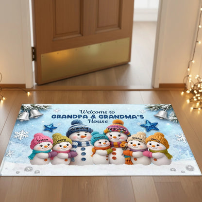 Welcome To Grandparents' House! Personalized Snowman Winter Non-Slip Standard Doormat, Festive Porch Decor Mat, Family Entrance Gift