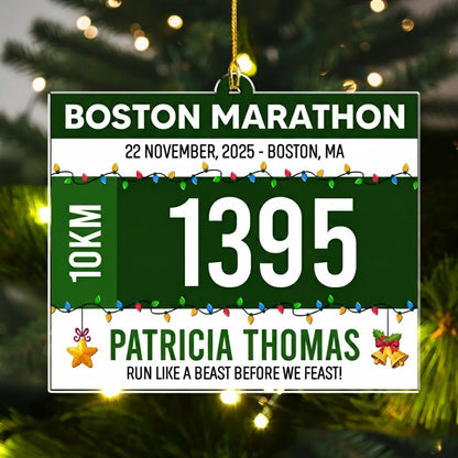 Acrylic Ornament Running Bib Style, modern green & white for holiday decor, celebrate finish lines on the tree, creative gift for athletes & friends