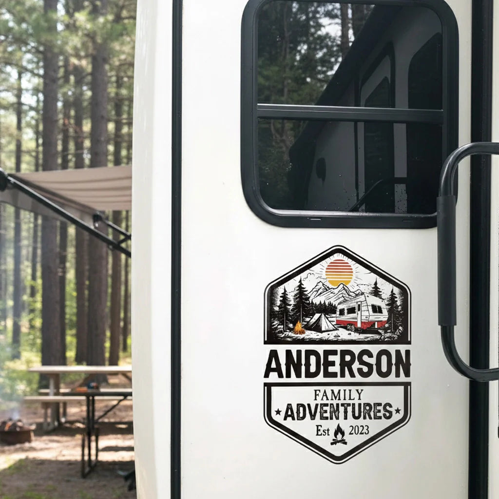 Personalized PVC Spare Tire Cover for RV Camper Trips, Family Adventures Mountain Badge Design, Unique Gift for Travel Lovers