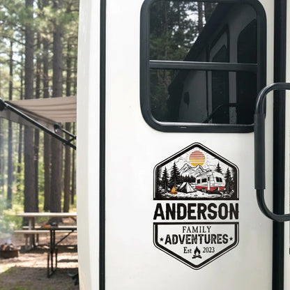 Personalized PVC Spare Tire Cover for RV Camper Trips, Family Adventures Mountain Badge Design, Unique Gift for Travel Lovers