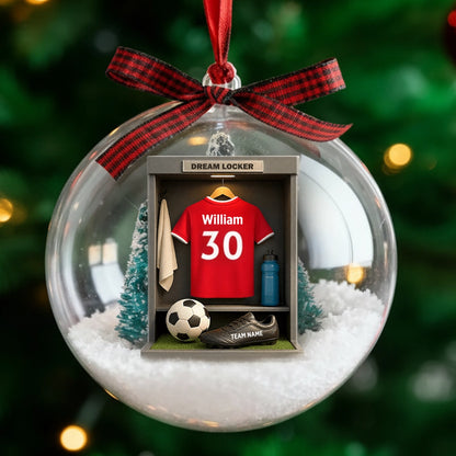 Christmas Snow Globe Ornament - Soccer Locker Mini Scene, Clear Acrylic, Personalized - Unique Gift for Son, Grandson, Boyfriend