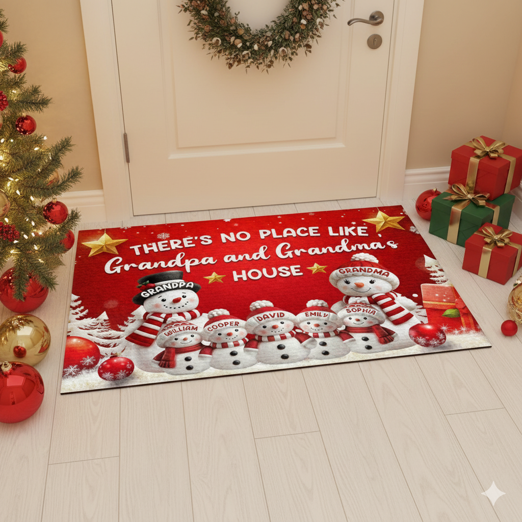 Custom Standard Doormat with Cute Snowman Family, Festive Entryway Decor for Grandparents' Home, Heartwarming Personalized Gift Idea for Indoor or Outdoor Use