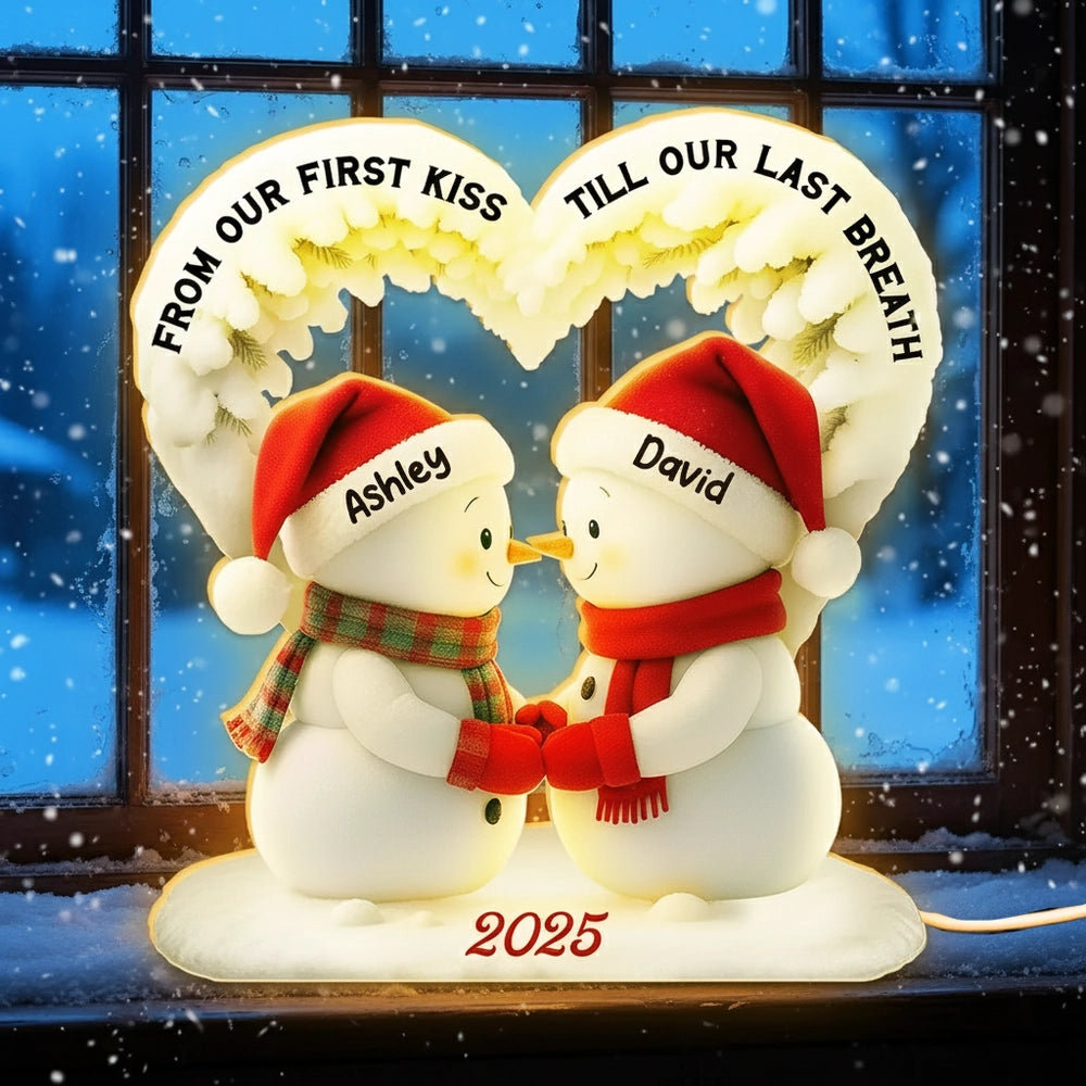 Acrylic Light Box Snowman Couple, From Our First Kiss Till Our Last Breath, Warm Glow Winter Decor, Unique Gift for Couples