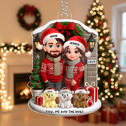 Acrylic Ornament featuring “You, Me and the Dogs” theme, festive sweaters, gifts and tree—perfect holiday gift for Couples and Dog Lovers