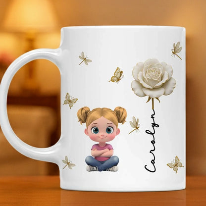 White Ceramic Mug, Custom Cute Girl Art with Butterflies & Rose, Minimal Style, Creative Gift for Grandma, Mom, or Friend