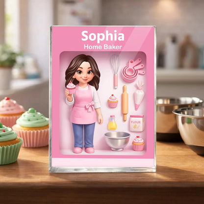 Personalized Home Baker Rectangle Acrylic Block Plaque for Kitchen Desk Decor, Sweet Pink Baking Scene, Unique Gift for Bakers