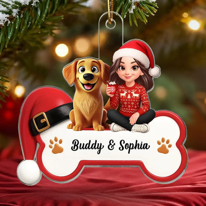 Acrylic Ornament - Personalized Girl with Dog Bone Design for Christmas Tree, unique gift for Dog Lovers