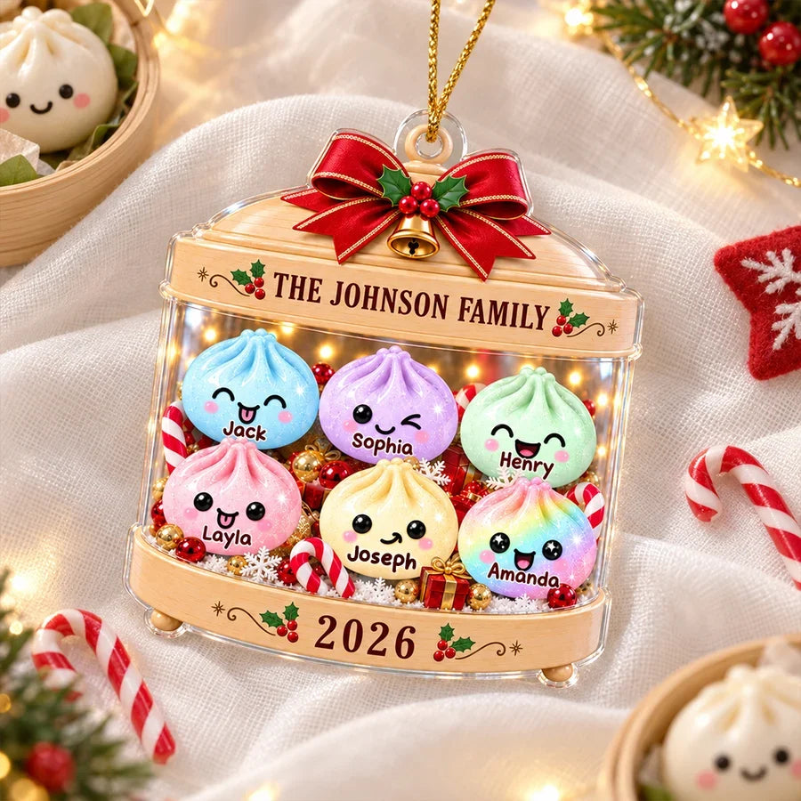 Personalized Acrylic Ornament, Cute Pastel Dumpling Family in Festive Candy Display, Unique Christmas Gift for Family