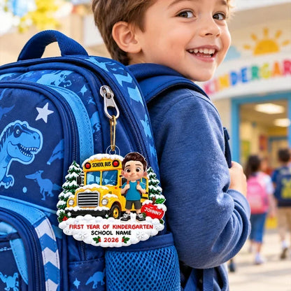 Personalized Acrylic Ornament, Child by Snowy School Bus, Unique Christmas Gift for Kindergarten Kids
