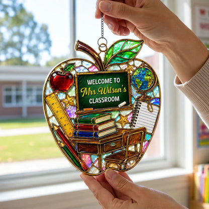 Teacher Apple Acrylic Suncatcher Ornament, Personalized Classroom Decor for Sunlit Windows, Unique Gift