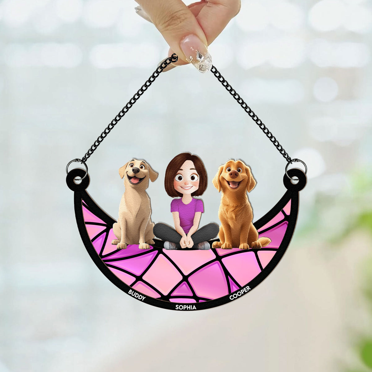 Personalized Dog Lovers Ornament – Cute Family Hanging with a Girl and Her Dogs, Perfect Gift for Dog Lovers, Ideal for Valentine's Day and Birthday, Wood and Acrylic Layered Ornament