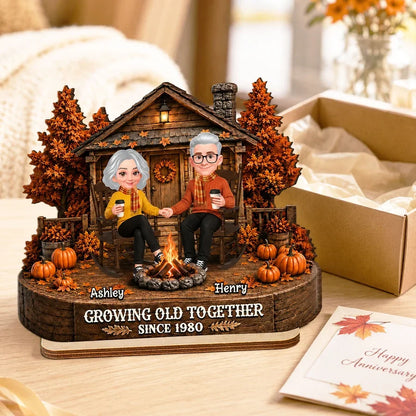 Personalized Wooden Plaque with Holding Hands Couple in Fall Cabin Scene, Unique Gift for Couple