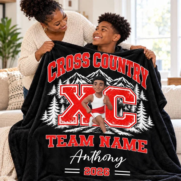 Cross Country Fleece Blanket, Personalized Team Spirit Artwork, Creative Gift for Runners and Grandkids
