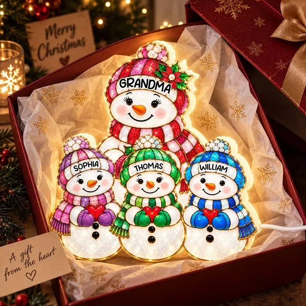 Personalized Acrylic Light Box, Festive Snowman Family With Warm Glow, Creative Keepsake Gift for Grandma