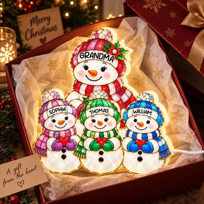 Personalized Acrylic Light Box, Festive Snowman Family With Warm Glow, Creative Keepsake Gift for Grandma