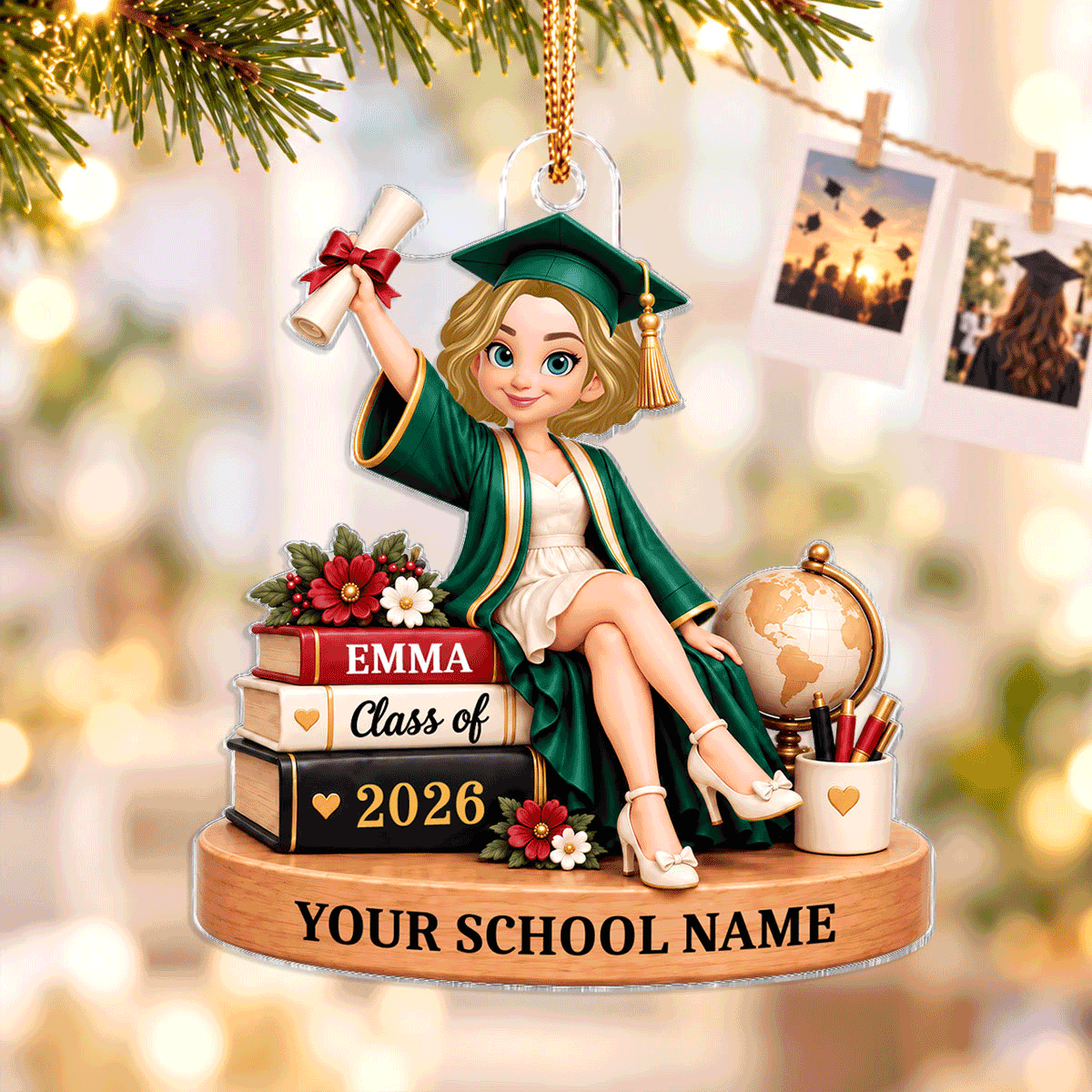 Personalized Graduation Acrylic Ornament, Diploma-Holding Graduate with Books, Creative Keepsake Gift for Her