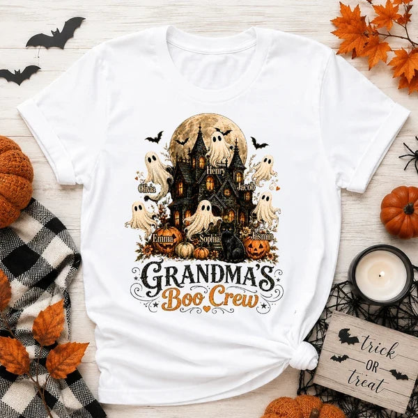 Personalized Classic Tee, Floating Ghosts at a Moonlit Haunted House, Unique Halloween Gift for Grandma