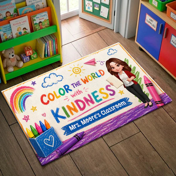 Personalized Standard Doormat With Standing Teacher & Kindness Quote, Unique Back To School Gift