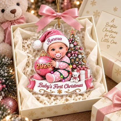 Personalized Acrylic Ornament, Seated Baby by a Christmas Tree, Unique First Christmas Gift for New Parents