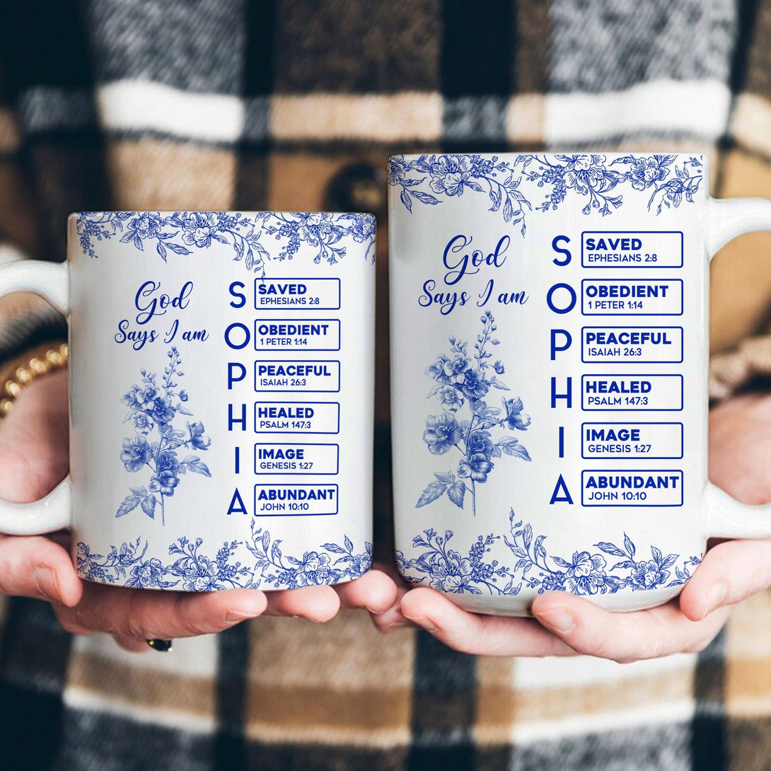 White Ceramic Mug with Bible Verses and Blue Floral Design, Faithful a ...