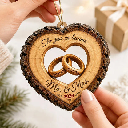 Personalized Wooden Ornament with Intertwined Rings, Rustic Wedding Keepsake and Unique Gift for Couples