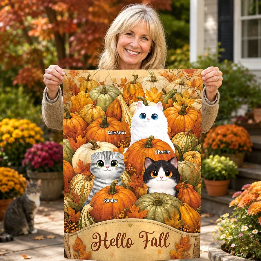 Hello Fall Personalized Garden Flag, Playful Cats in a Pumpkin Patch, Creative Gift for Cat Lovers and Autumn Decor