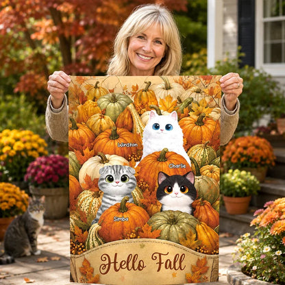 Hello Fall Personalized Garden Flag, Playful Cats in a Pumpkin Patch, Creative Gift for Cat Lovers and Autumn Decor
