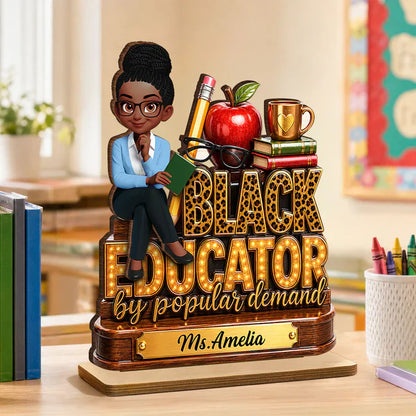 2-Layer Wooden Plaque, Black Educator Sitting Teacher Classroom Art, Unique Gift for Teacher