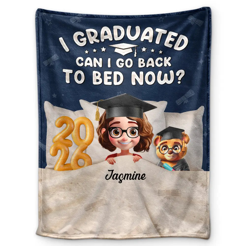 Personalized Graduation Fleece Blanket, I Graduated Can I Go Back To Bed Now, Cute Cartoon Grad Gift