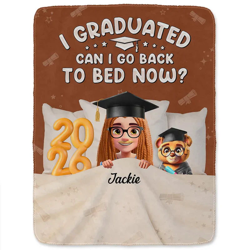 Personalized Graduation Fleece Blanket, I Graduated Can I Go Back To Bed Now, Cute Cartoon Grad Gift
