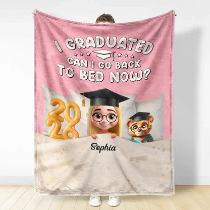 Personalized Graduation Fleece Blanket, I Graduated Can I Go Back To Bed Now, Cute Cartoon Grad Gift