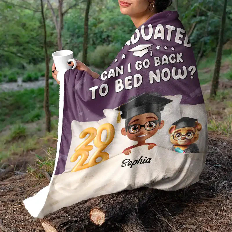 Personalized Graduation Fleece Blanket, I Graduated Can I Go Back To Bed Now, Cute Cartoon Grad Gift