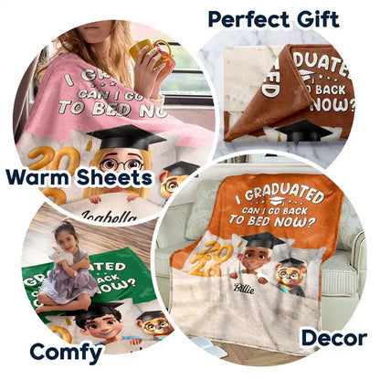 Personalized Graduation Fleece Blanket, I Graduated Can I Go Back To Bed Now, Cute Cartoon Grad Gift