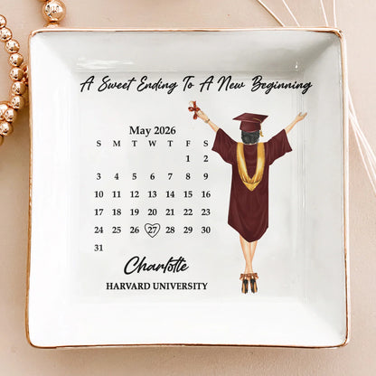 Personalized Graduation Jewelry Dish, Custom Keepsake Vanity Tray With Graduate Tossing Cap, Unique Gift For Her