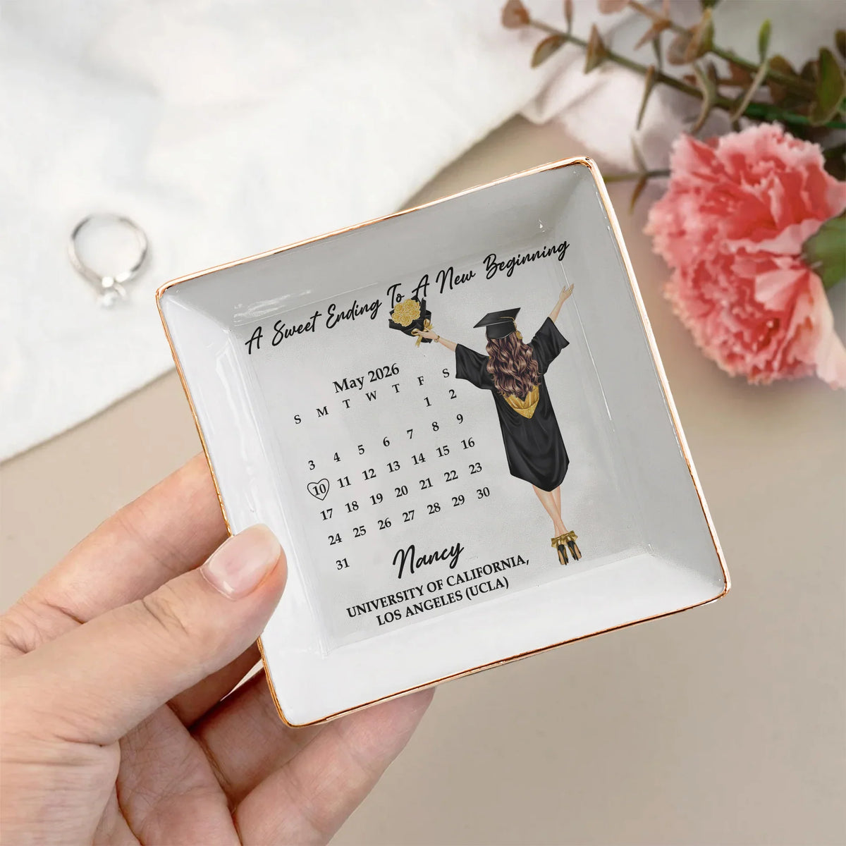 Personalized Graduation Jewelry Dish, Custom Keepsake Vanity Tray With Graduate Tossing Cap, Unique Gift For Her