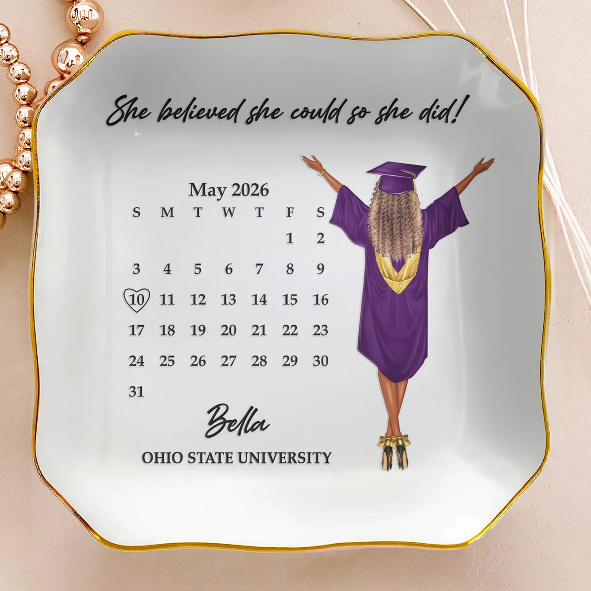 Personalized Graduation Jewelry Dish, Custom Keepsake Vanity Tray With Graduate Tossing Cap, Unique Gift For Her
