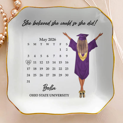 Personalized Graduation Jewelry Dish, Custom Keepsake Vanity Tray With Graduate Tossing Cap, Unique Gift For Her