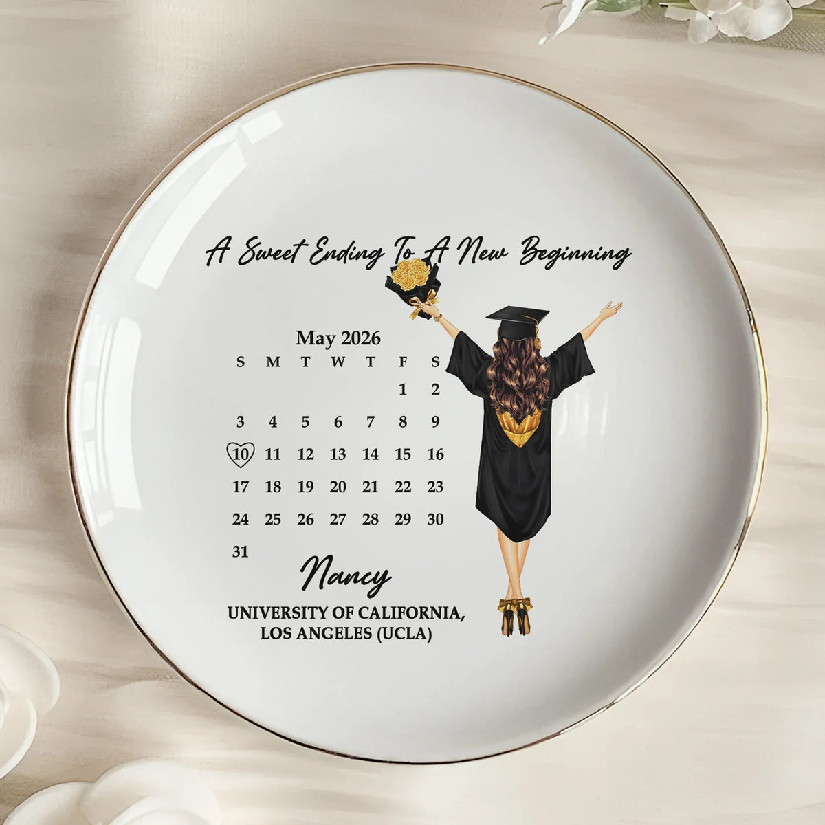 Personalized Graduation Jewelry Dish, Custom Keepsake Vanity Tray With Graduate Tossing Cap, Unique Gift For Her