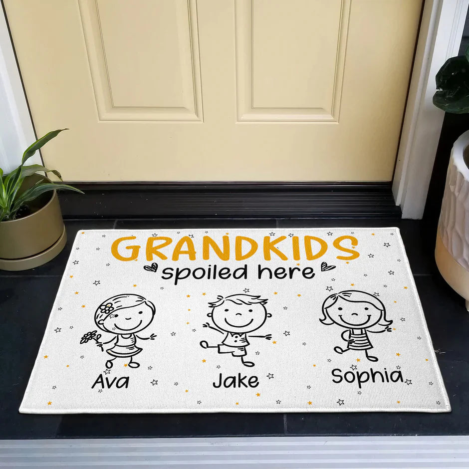 Personalized Grandkids Spoiled Here Standard Doormat - Cute Cartoon Entryway Decor, Unique Gift for Grandma & Grandpa