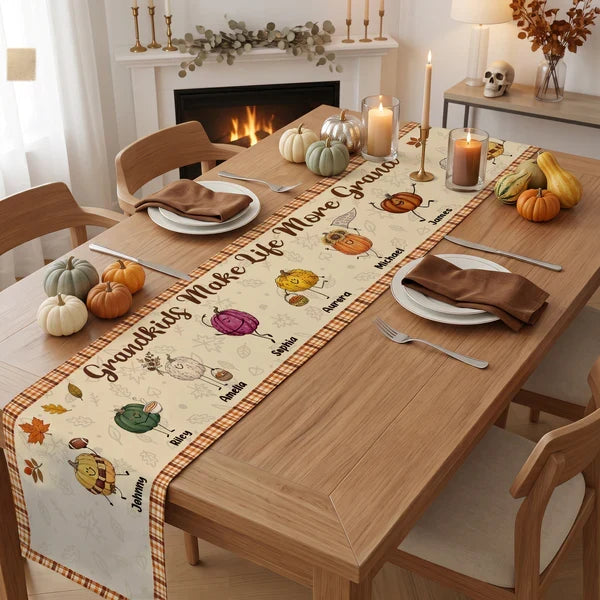 Table Runner with Grandkids Quote, Fall Family Dining Decor, Creative Gift for Grandma & Grandpa