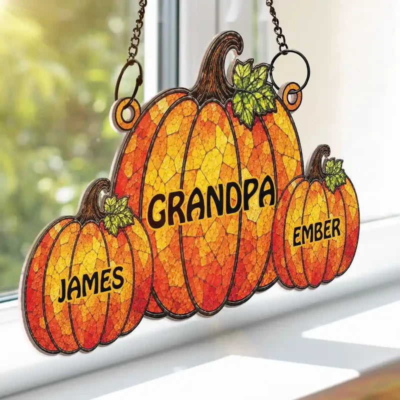 Personalized Acrylic Suncatcher Ornament, Stained-Glass Pumpkins for Grandma, Unique Autumn Family Gift