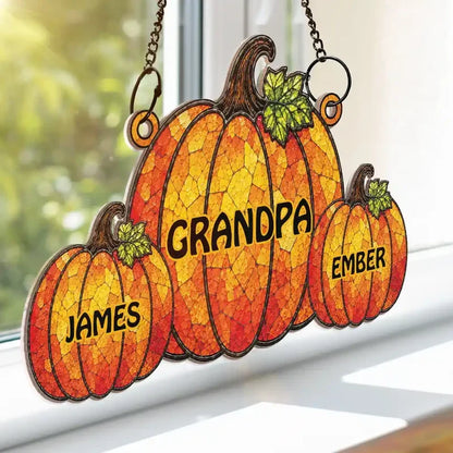 Personalized Acrylic Suncatcher Ornament, Stained-Glass Pumpkins for Grandma, Unique Autumn Family Gift