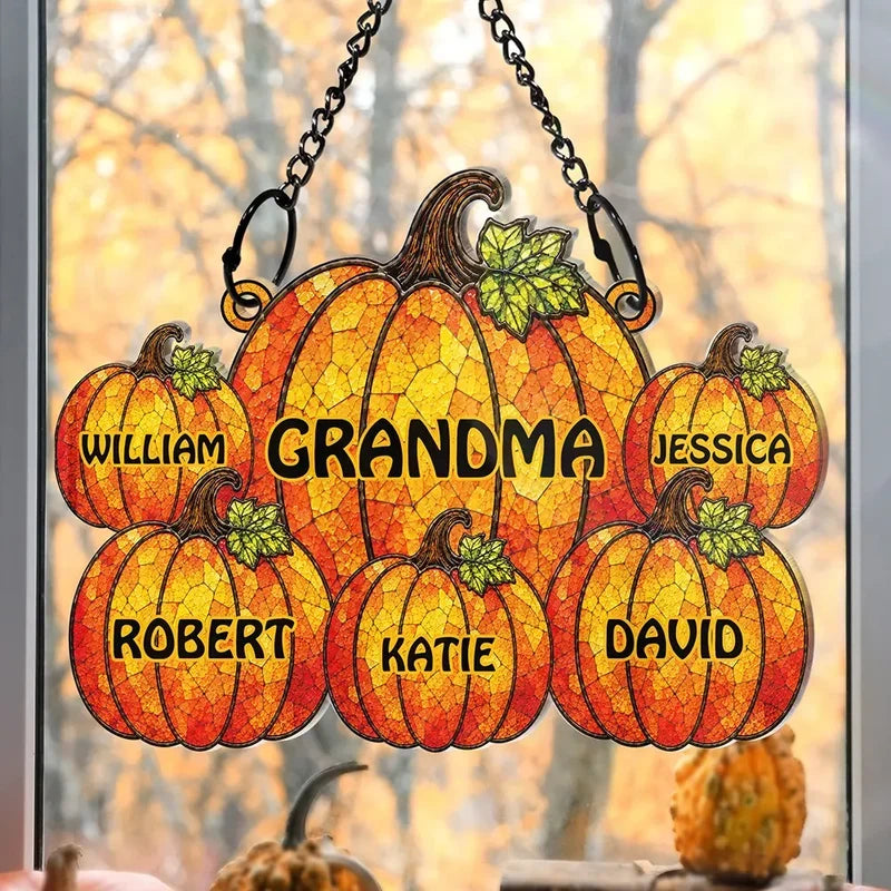 Personalized Acrylic Suncatcher Ornament, Stained-Glass Pumpkins for Grandma, Unique Autumn Family Gift