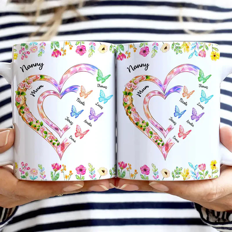 Personalized Ceramic Mug with Crystal Heart for Grandma & Mom, Butterfly Floral Design, Unique Family Gift for Daily Coffee